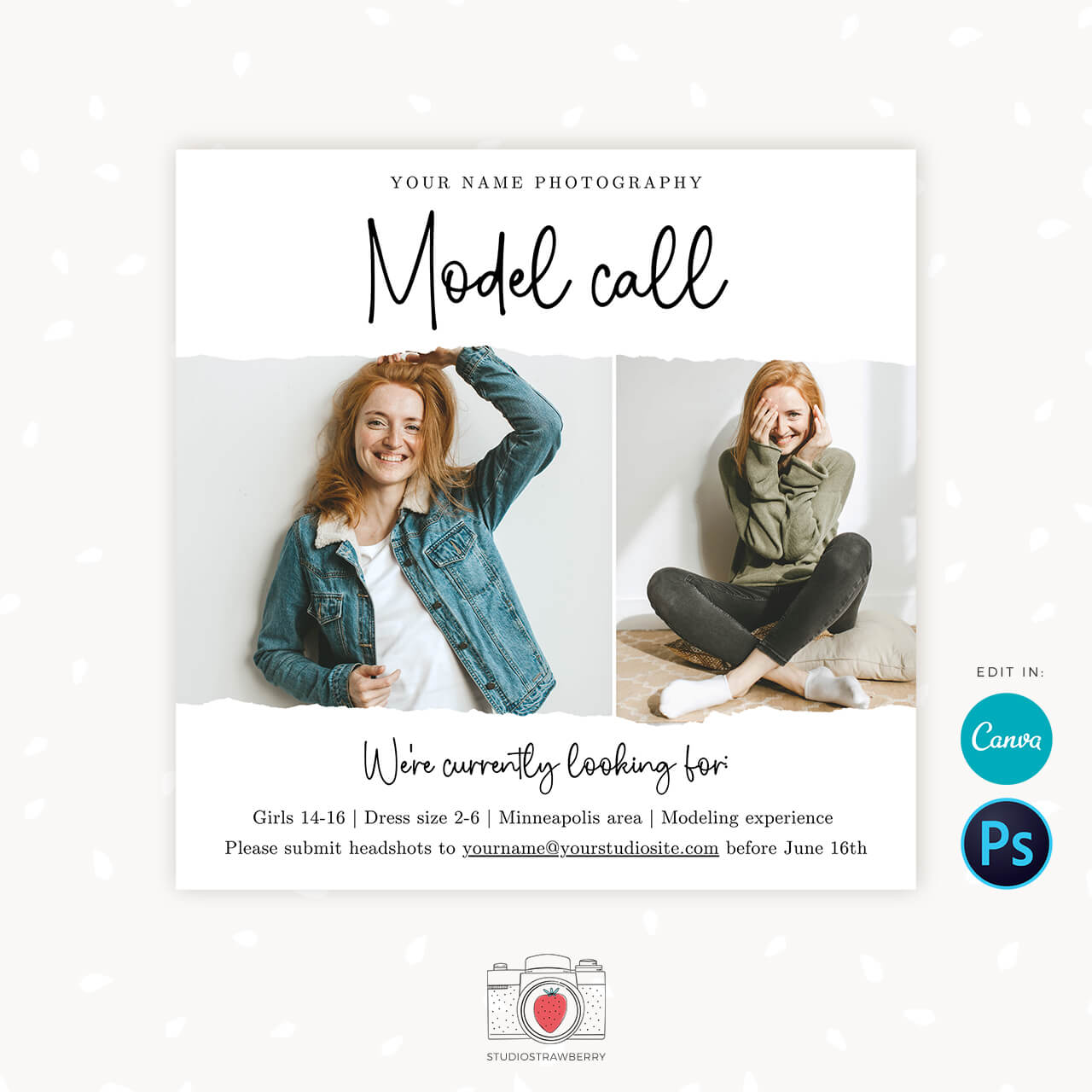 Photography Model Call Template For Canva Photoshop Strawberry Kit