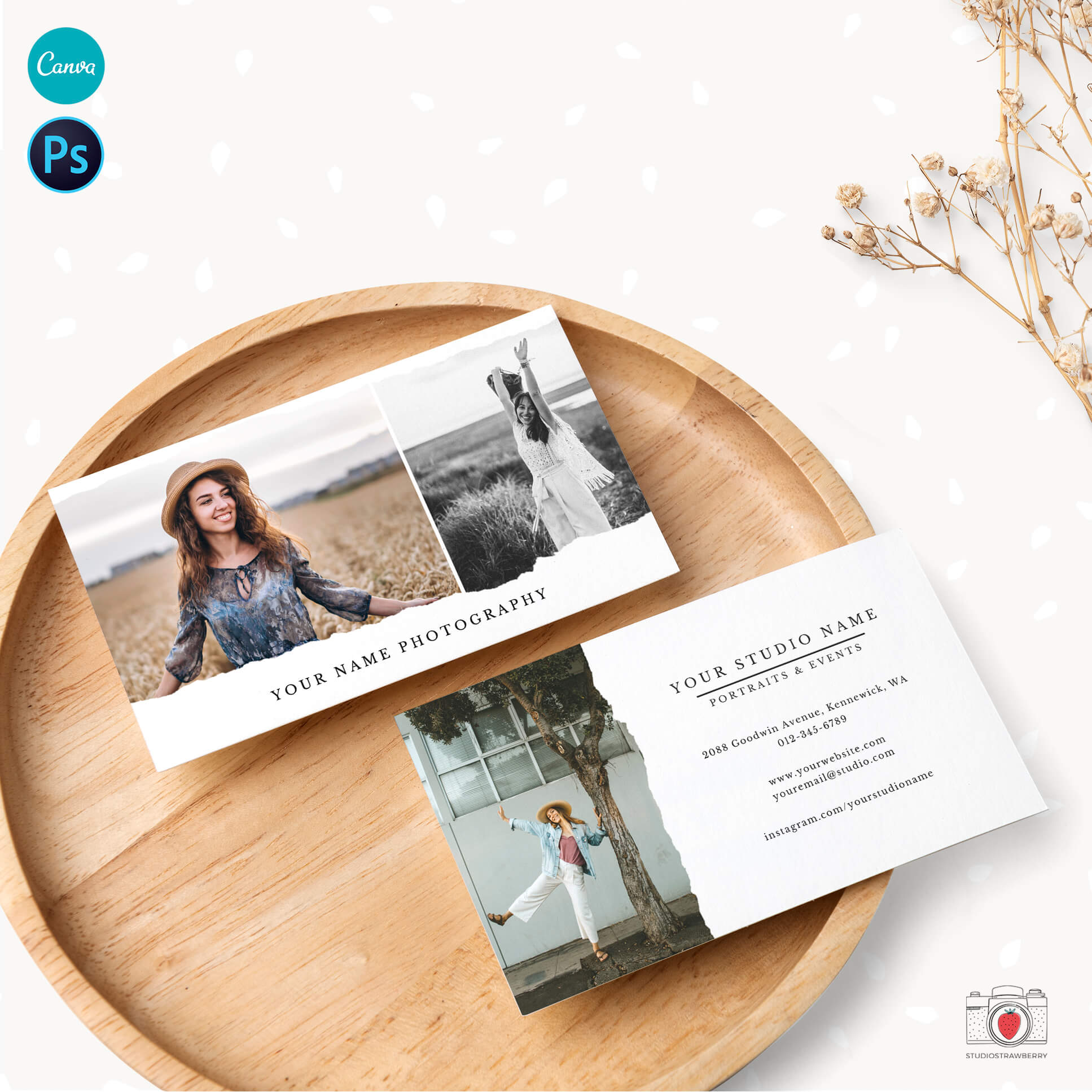 Photography business card template torn paper edges