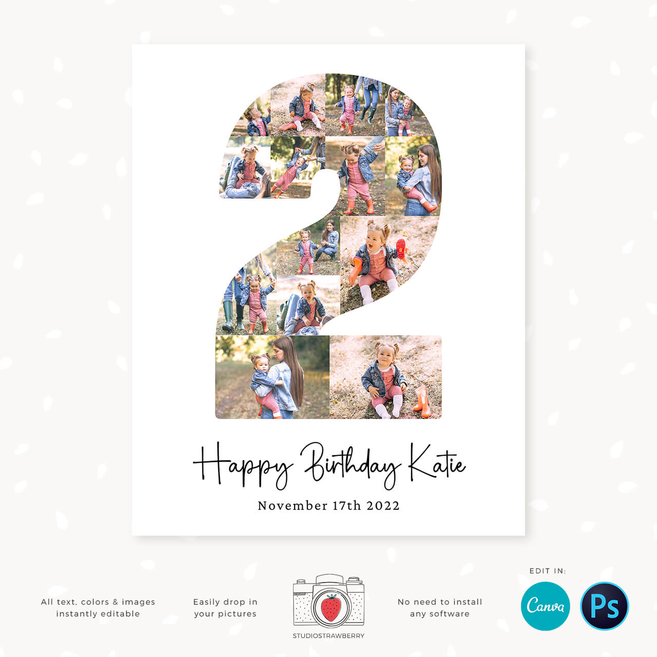 Number two photo collage template for 2 year birthday party