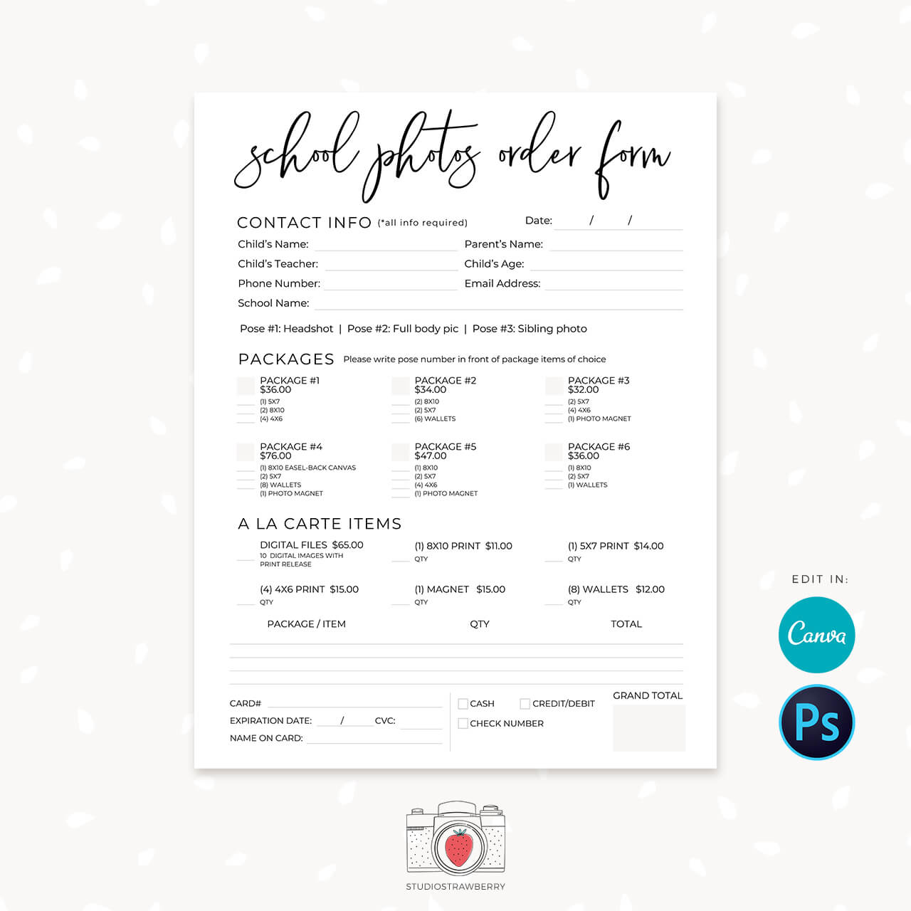 School Photography Order Form For Canva Photoshop Strawberry Kit