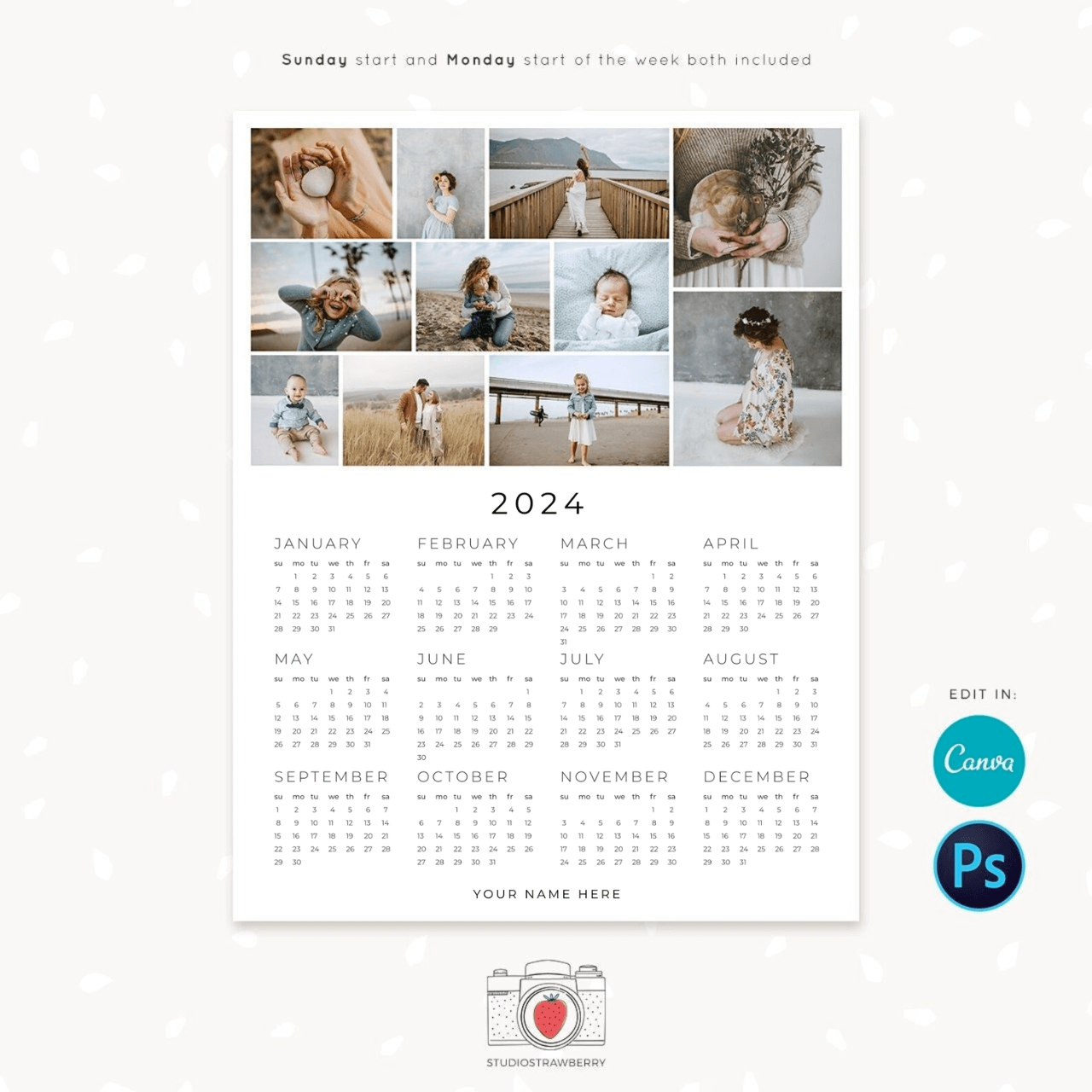 2024 photo calendar template with photo collage – Strawberry Kit