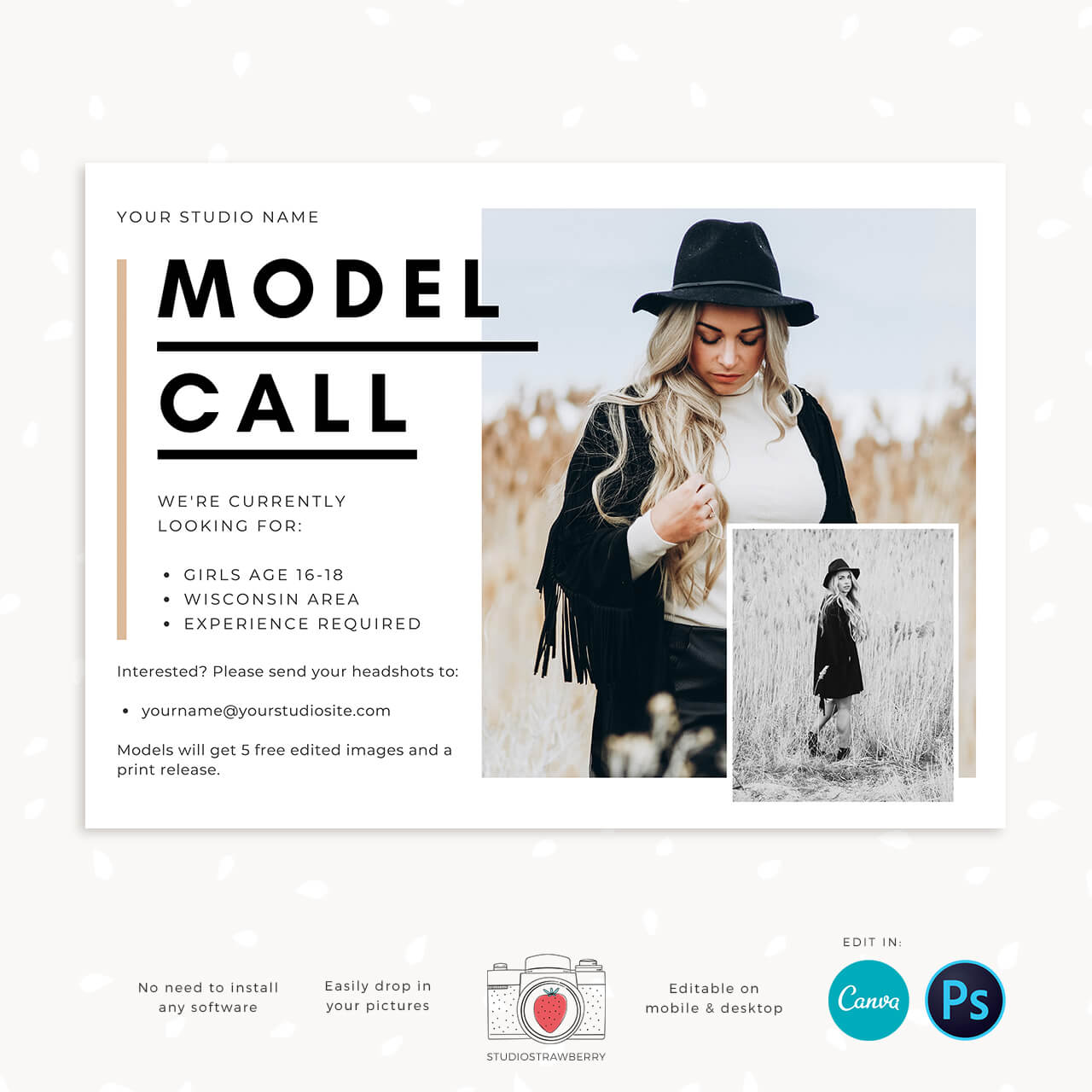 Modern model call template for Canva Photoshop Strawberry Kit