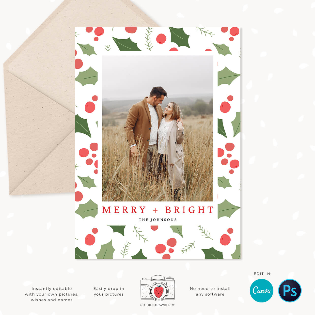 Christmas card with photo canva Merry and Bright