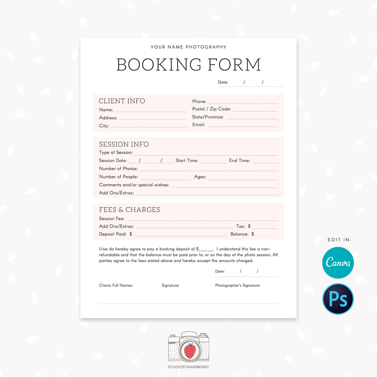 Booking form photography form pink