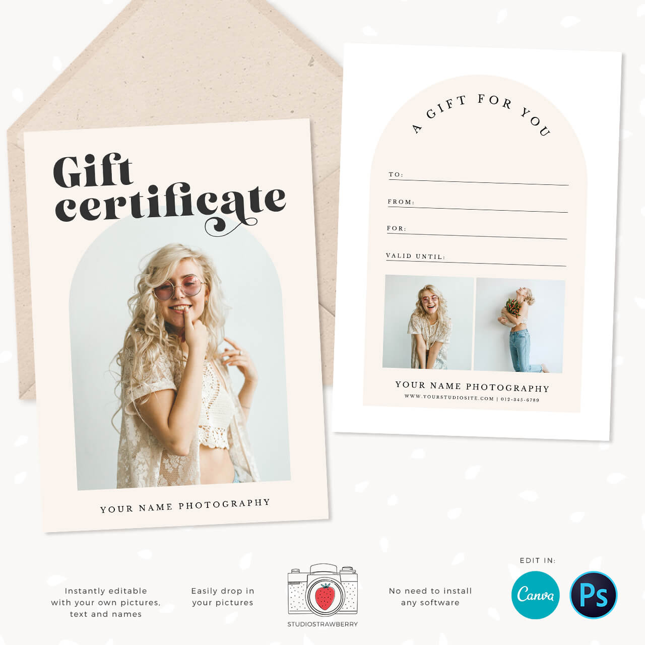 Gift certificate template photographer arch canva