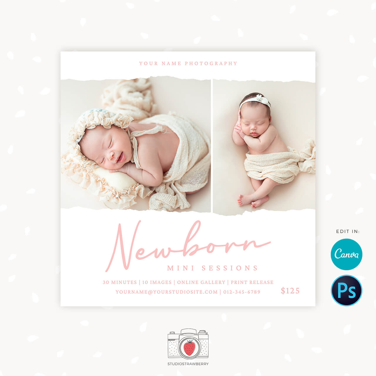 Newborn mini sessions template Canva
