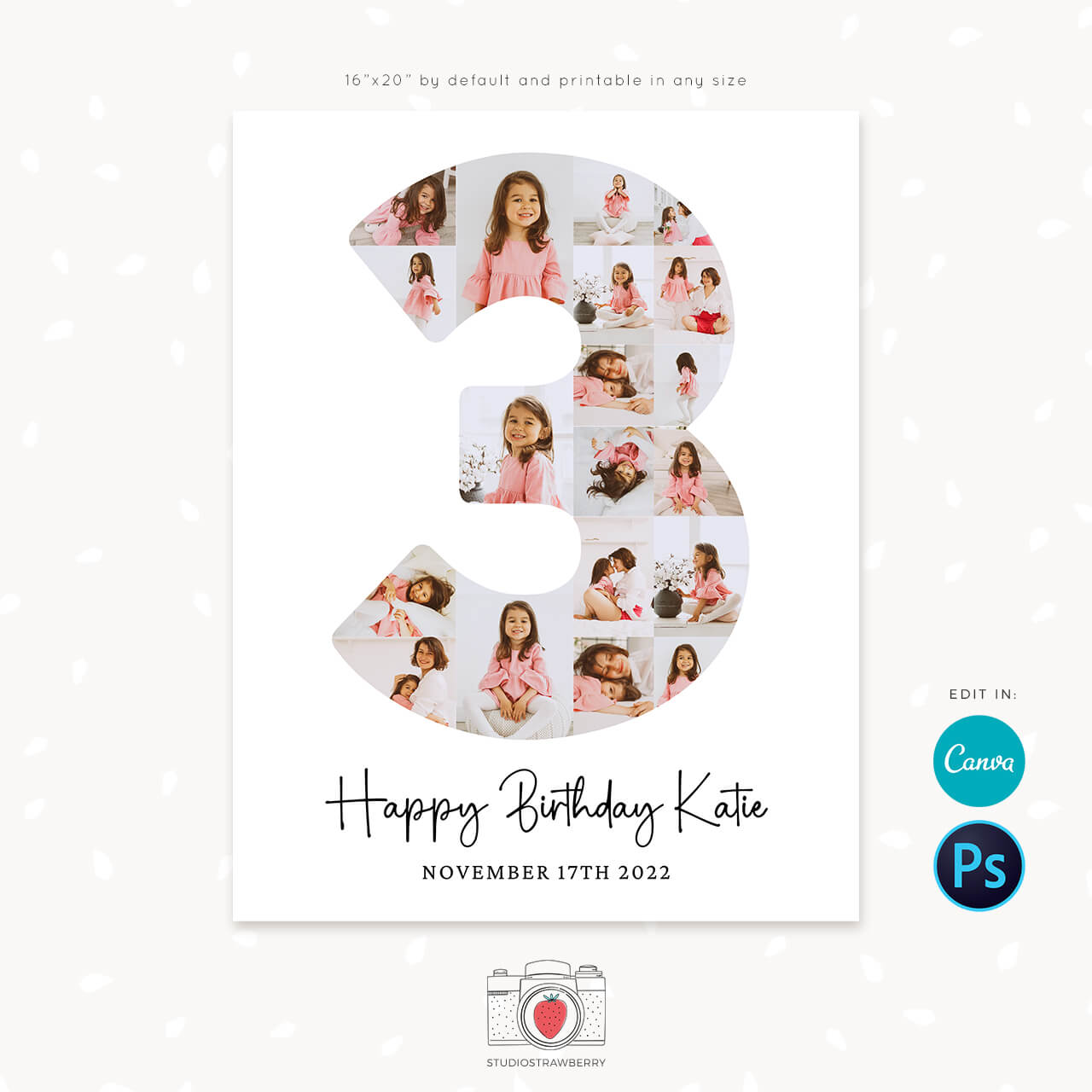 Number 3 photo collage birthday poster printable
