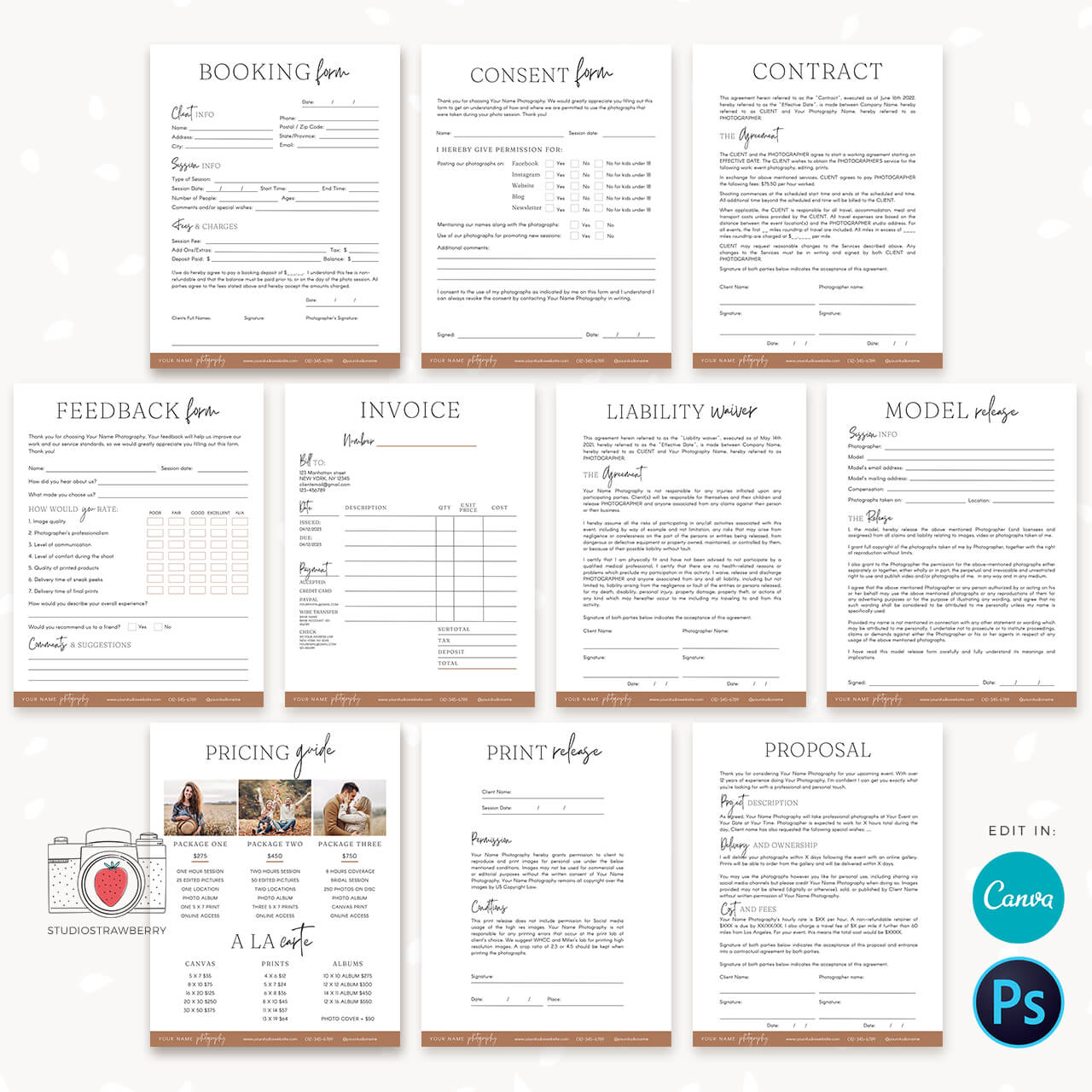 Photographer forms contracts releases bundle canva photoshop