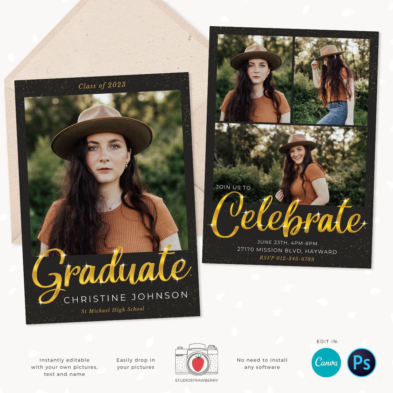 Senior Graduation photo card gold glitter editable