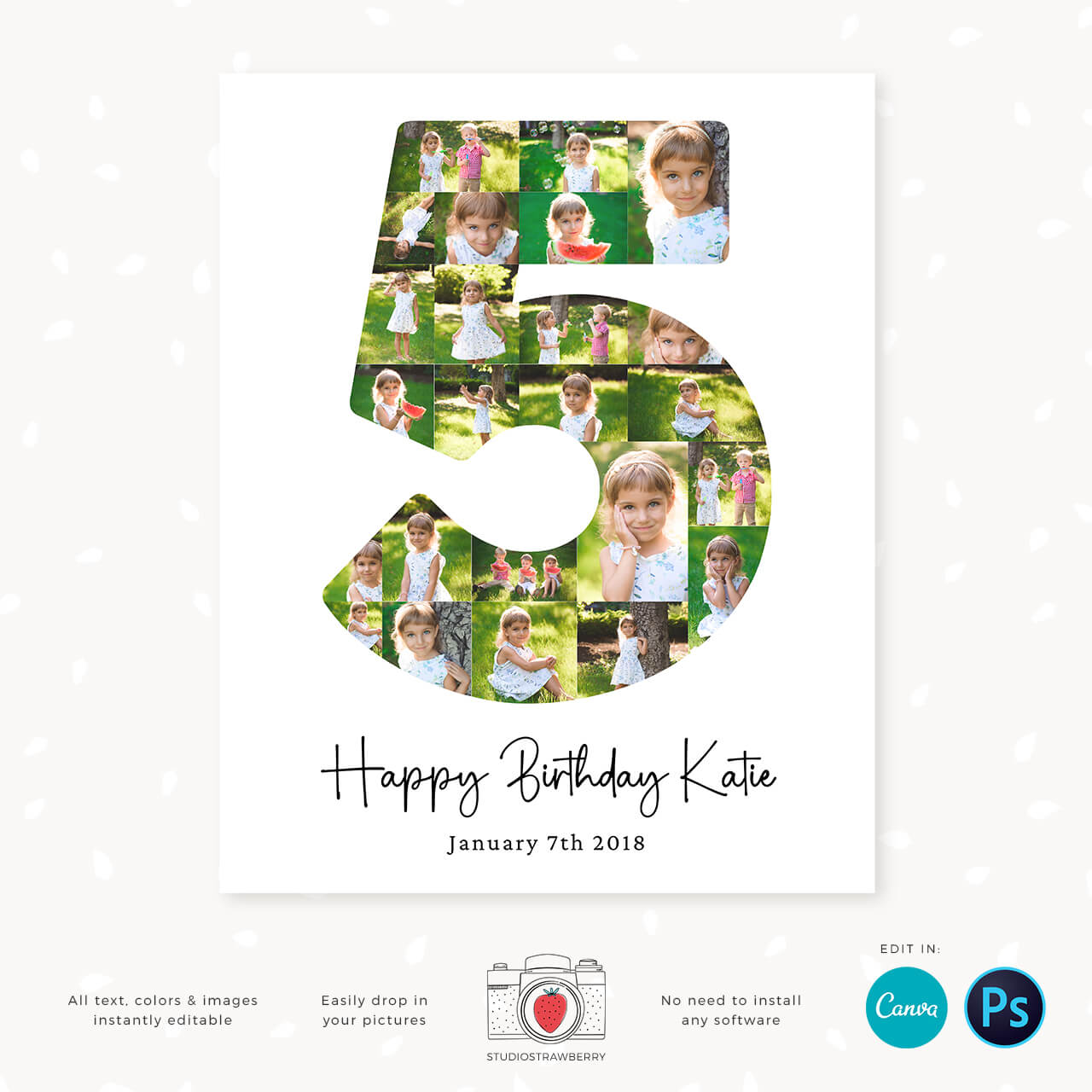 Number 5 birthday photo collage template Canva