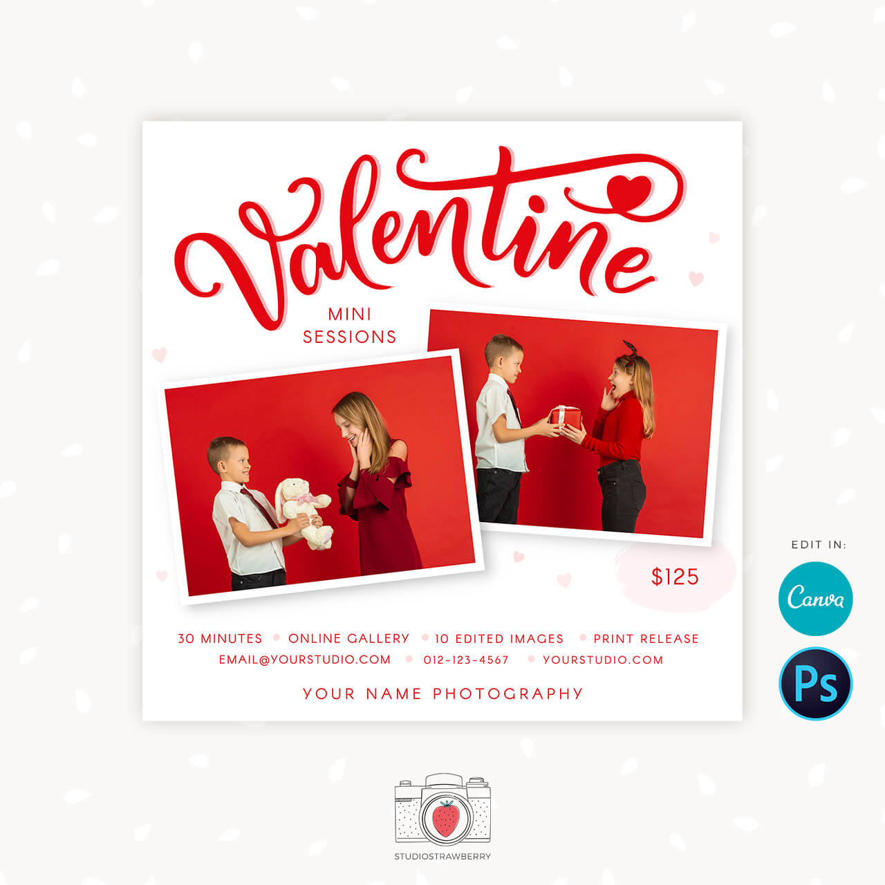 Valentine mini sessions template canva photographers
