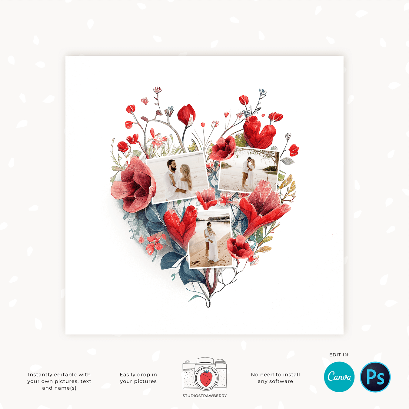 Heart shape photo collage with red flowers template Canva Photoshop