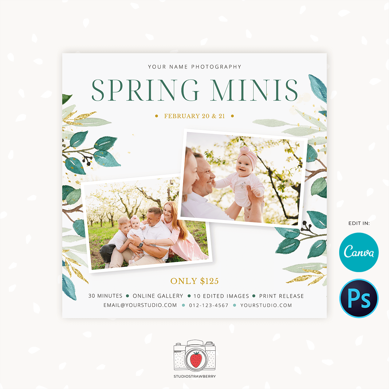 Spring mini sessions marketing board Canva Photoshop