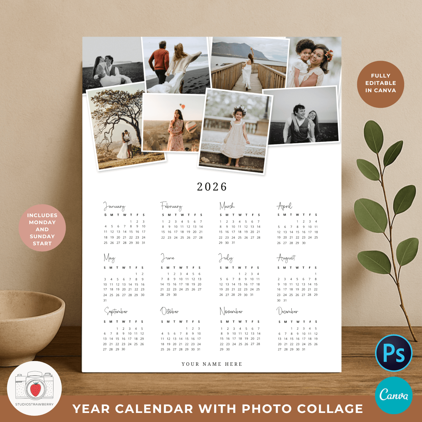 2026 one page photo calendar template with modern photo collage, printable yearly calendar editable in Canva and Photoshop.