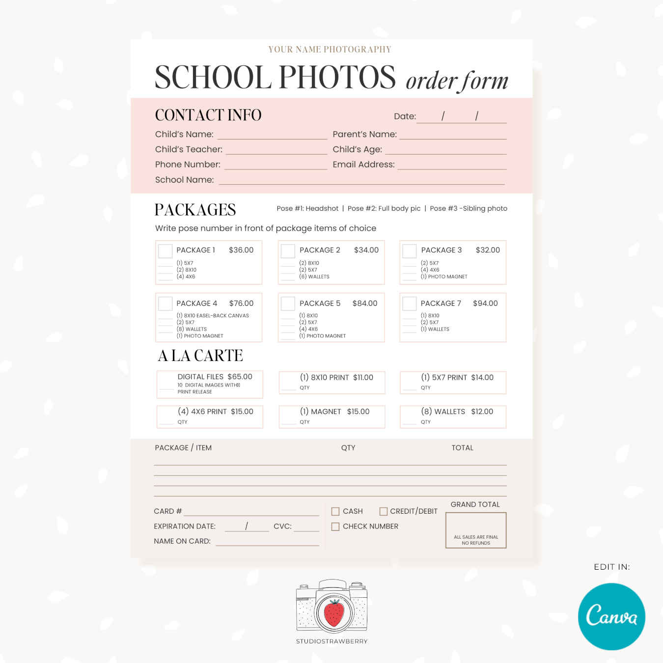 School photography order form canva template