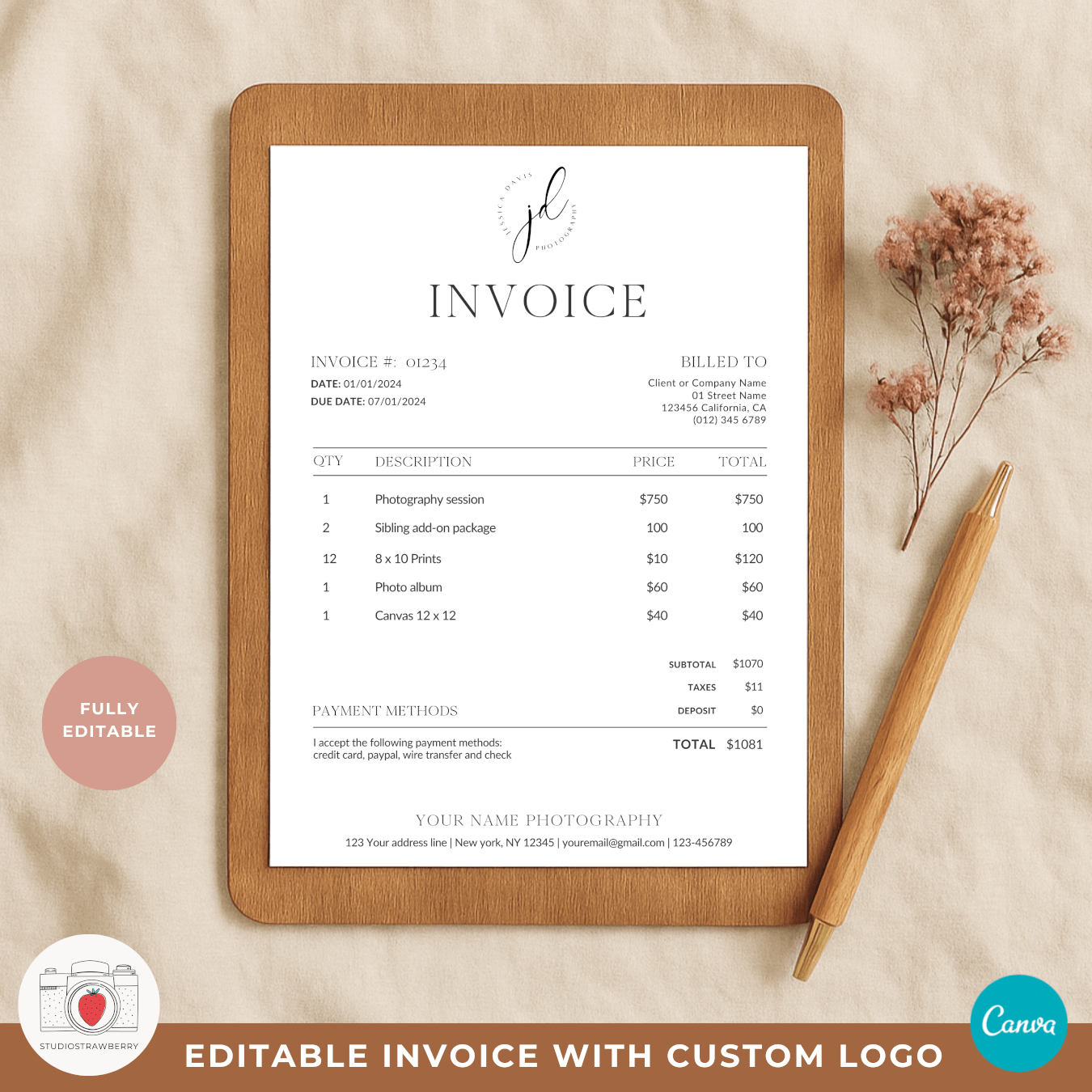 Minimalist photography invoice template with custom logo on wooden clipboard, featuring clean layout and editable fields in Canva – perfect for photographers and small business owners.