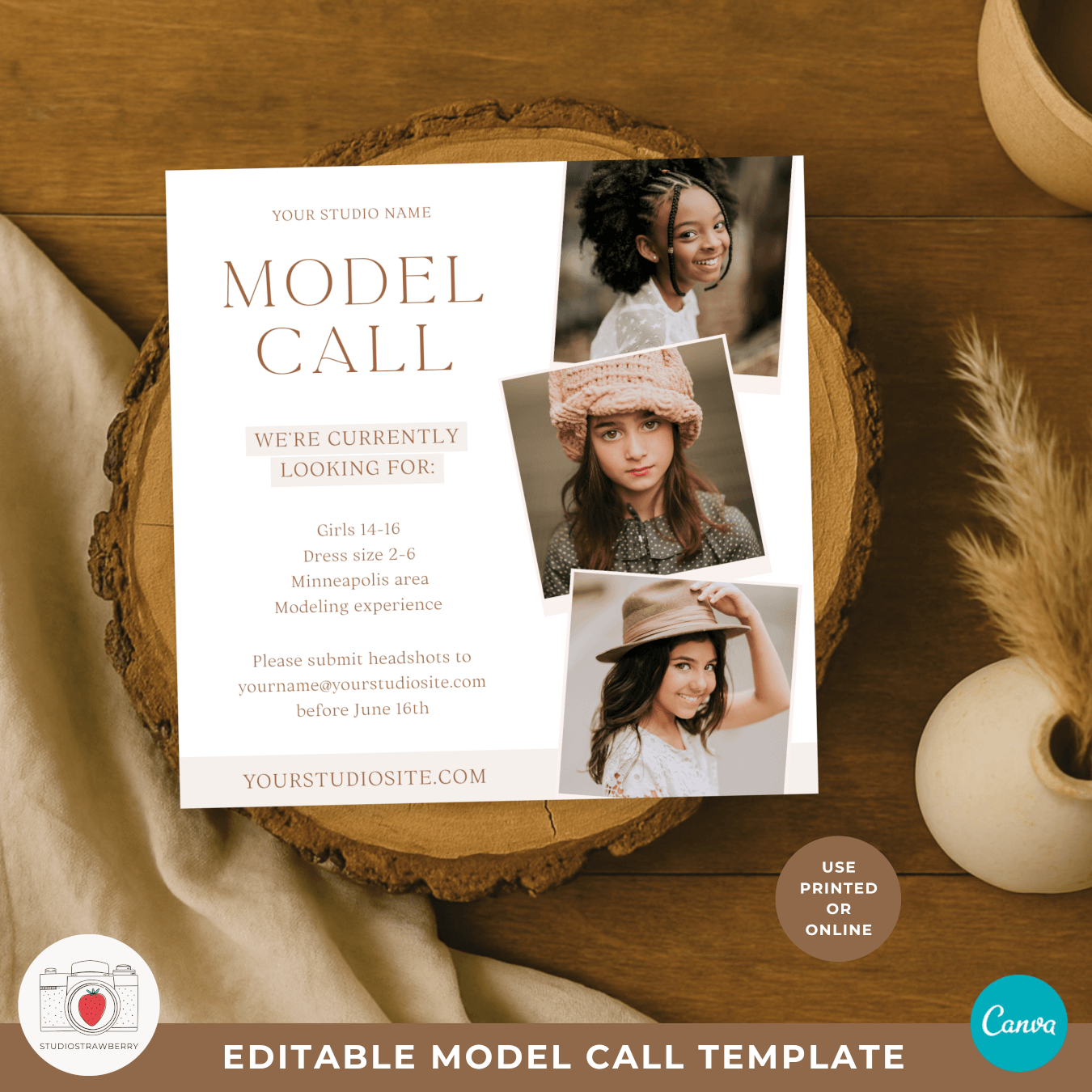 Editable and printable model call card template