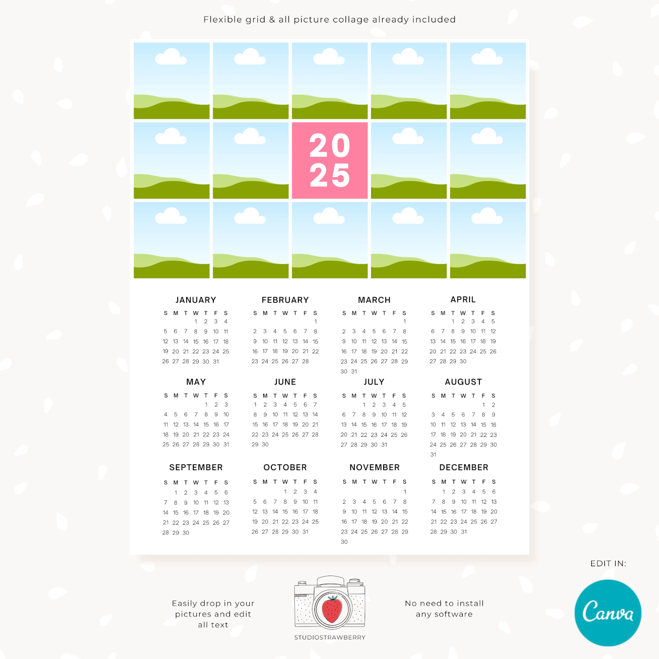 2025 calendar with customizable grid photo collage – Strawberry Kit