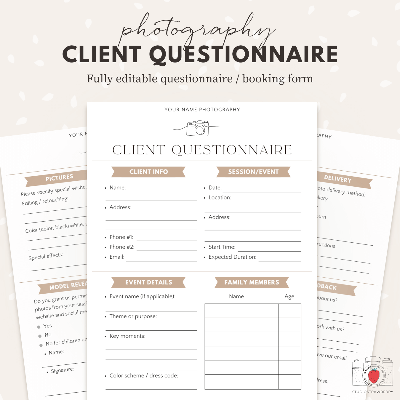 Fully customizable photography client questionnaire with family member section.