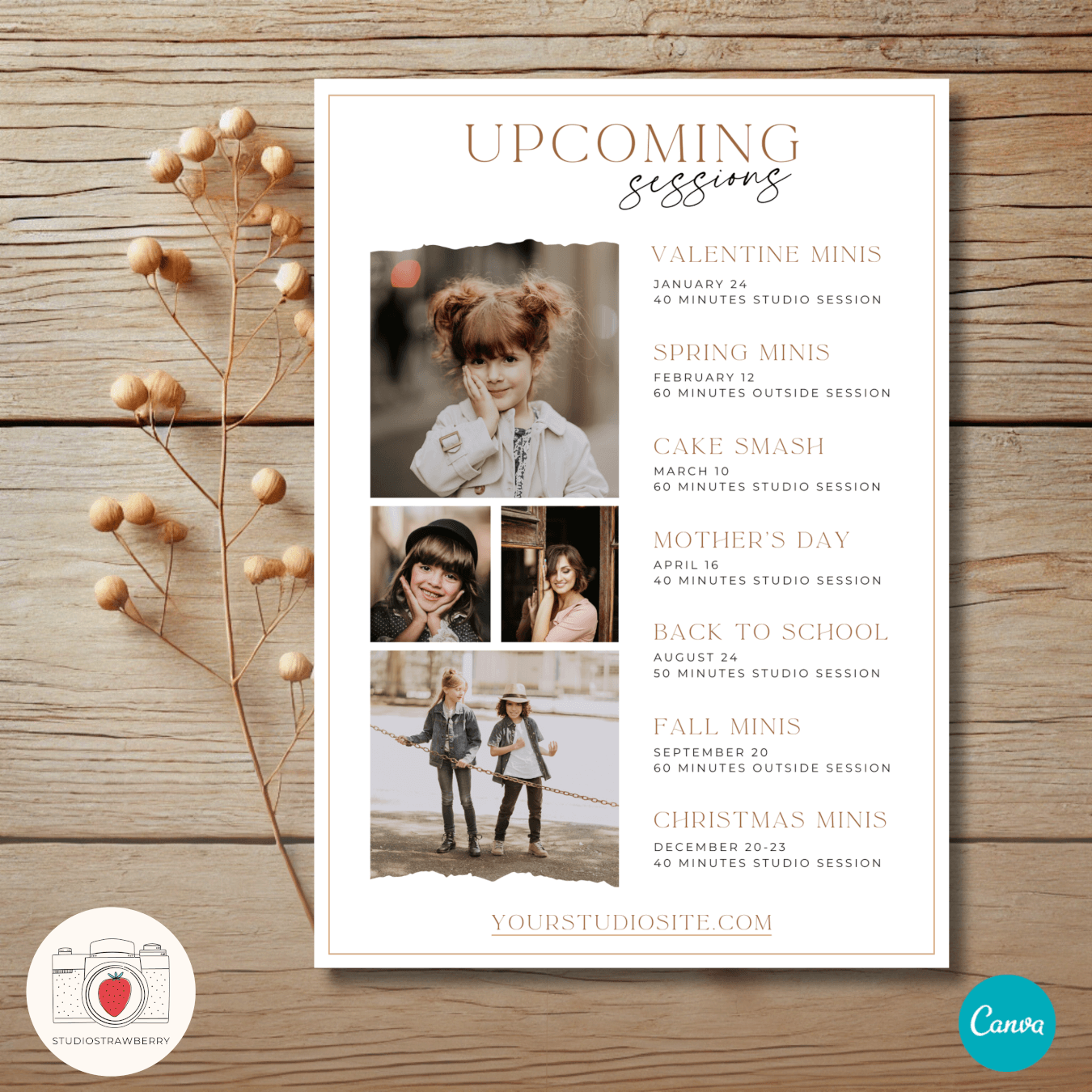 Canva flyer featuring an editable schedule for photo sessions.