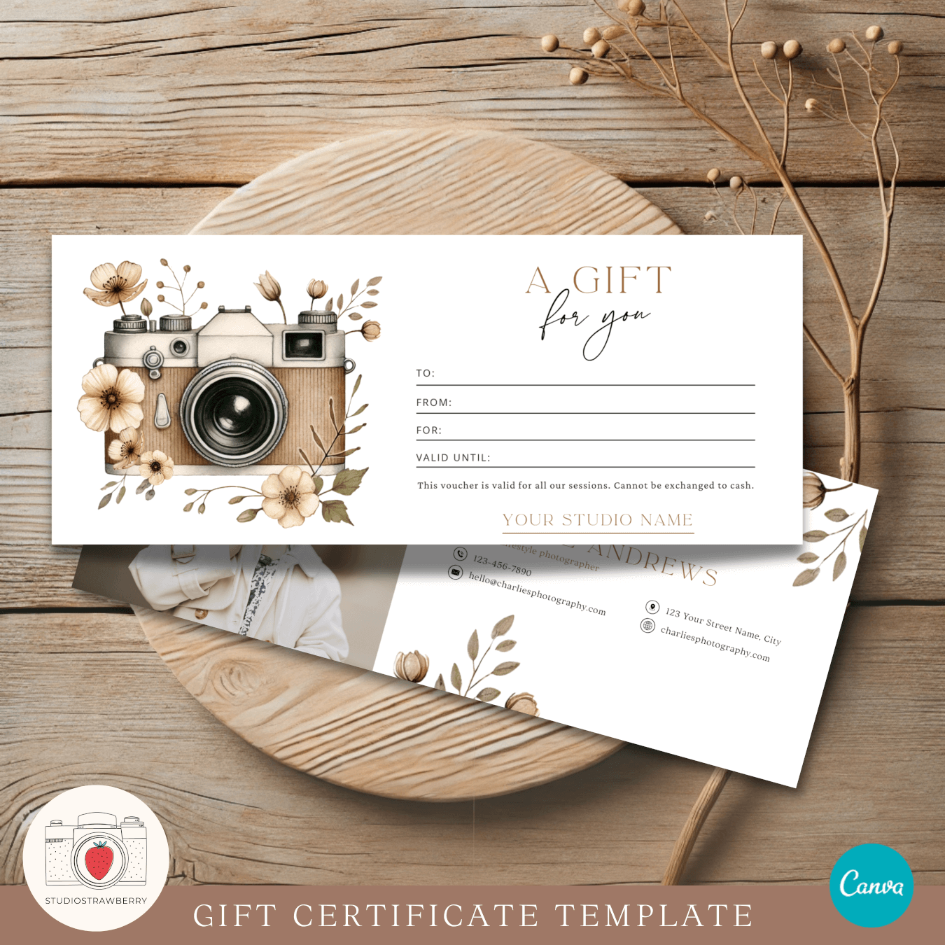 Printable photography session voucher with professional branding space.