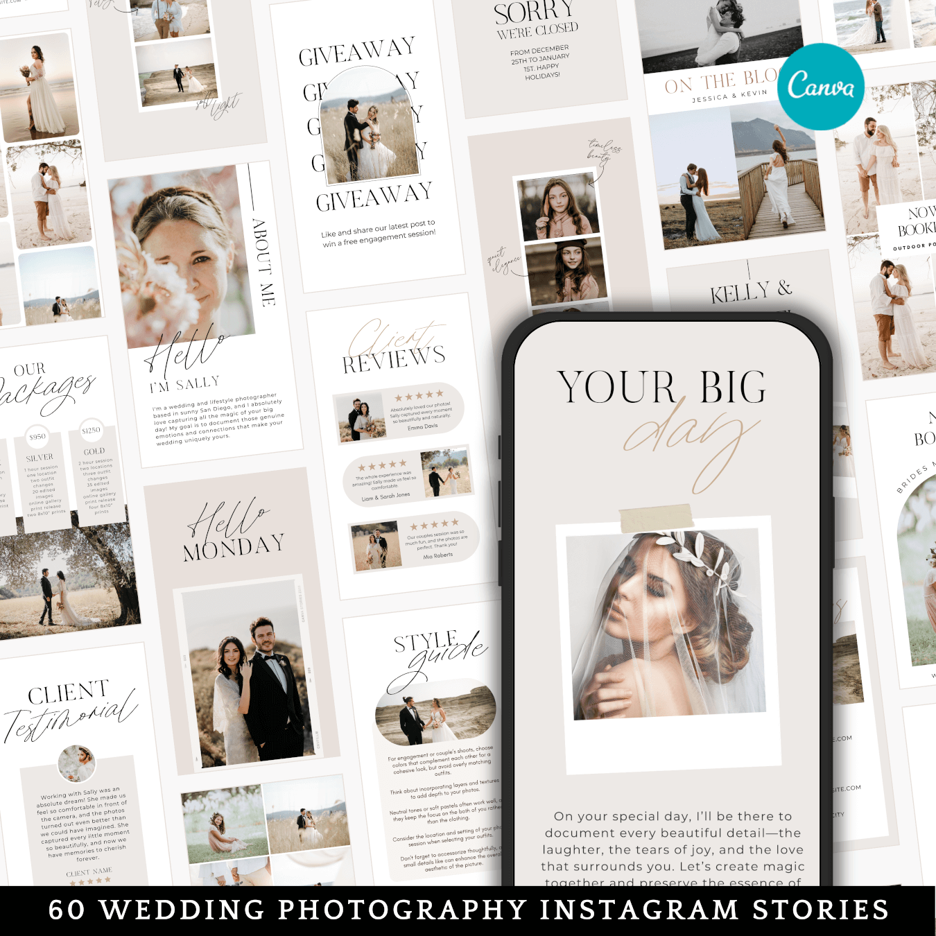 Canva Instagram story template featuring a wedding client testimonial for photographers.