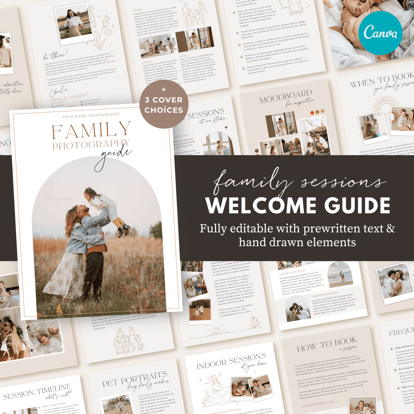 Canva family session client guide featuring a mood board for outfit inspiration and photo ideas.