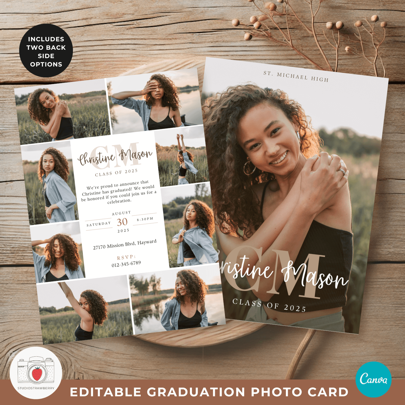 Monogram graduation announcement template with elegant typography, customizable initials, and a senior photo.