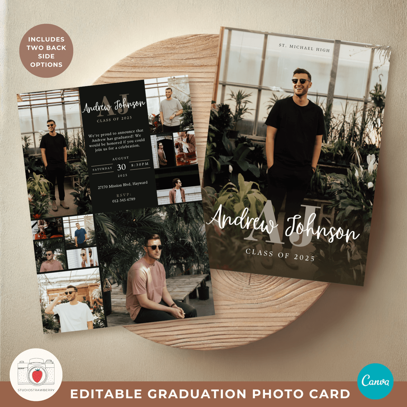 Monogram graduation announcement template for guys with bold initials and a modern, stylish design.