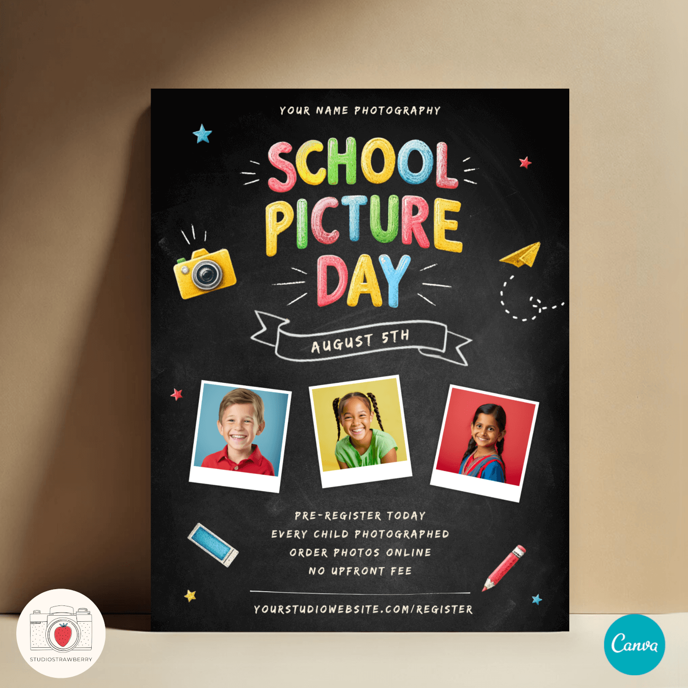 Editable School Picture Day flyer template with a chalkboard-style design and colorful typography.