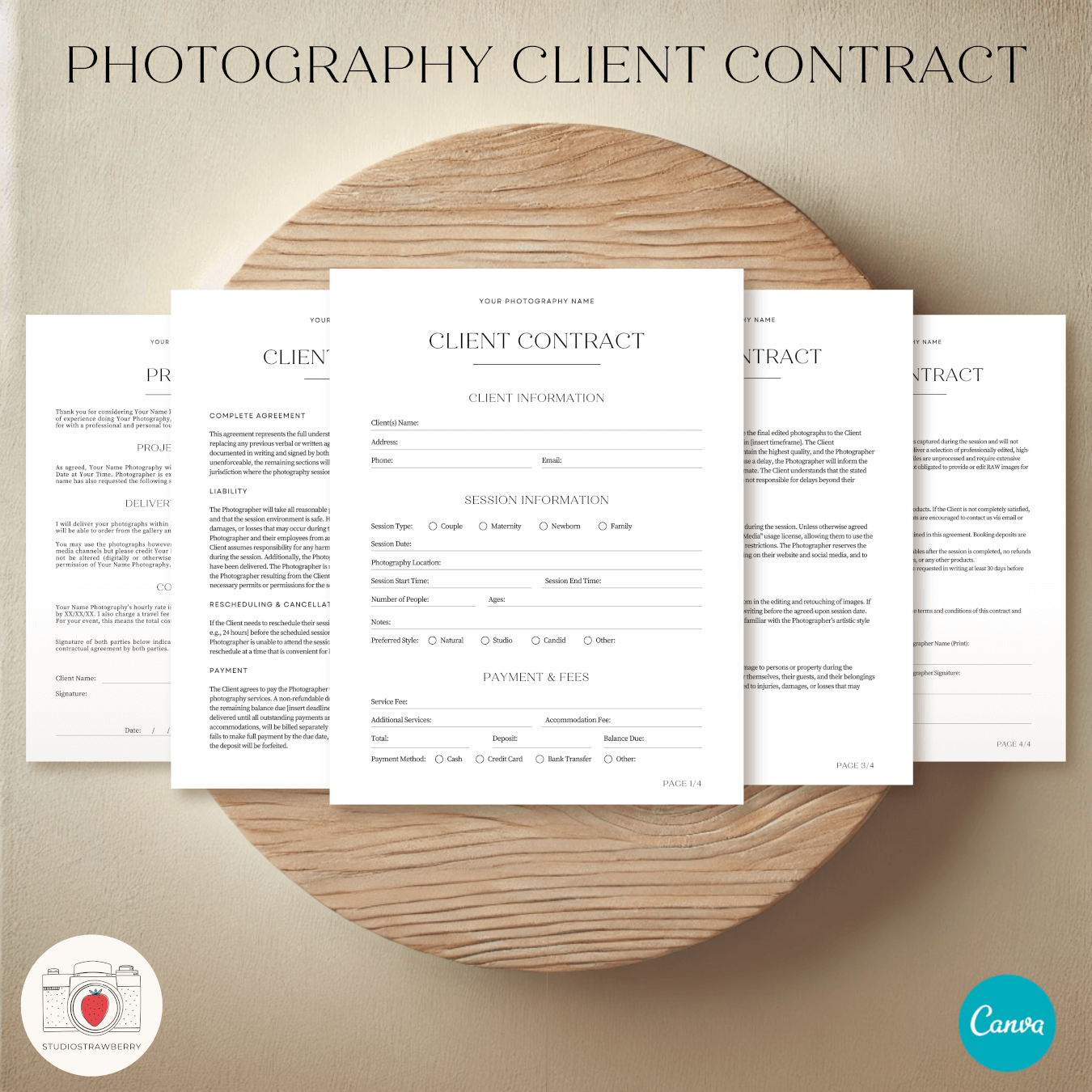 Photography client contract template, fully editable and printable for photographers.