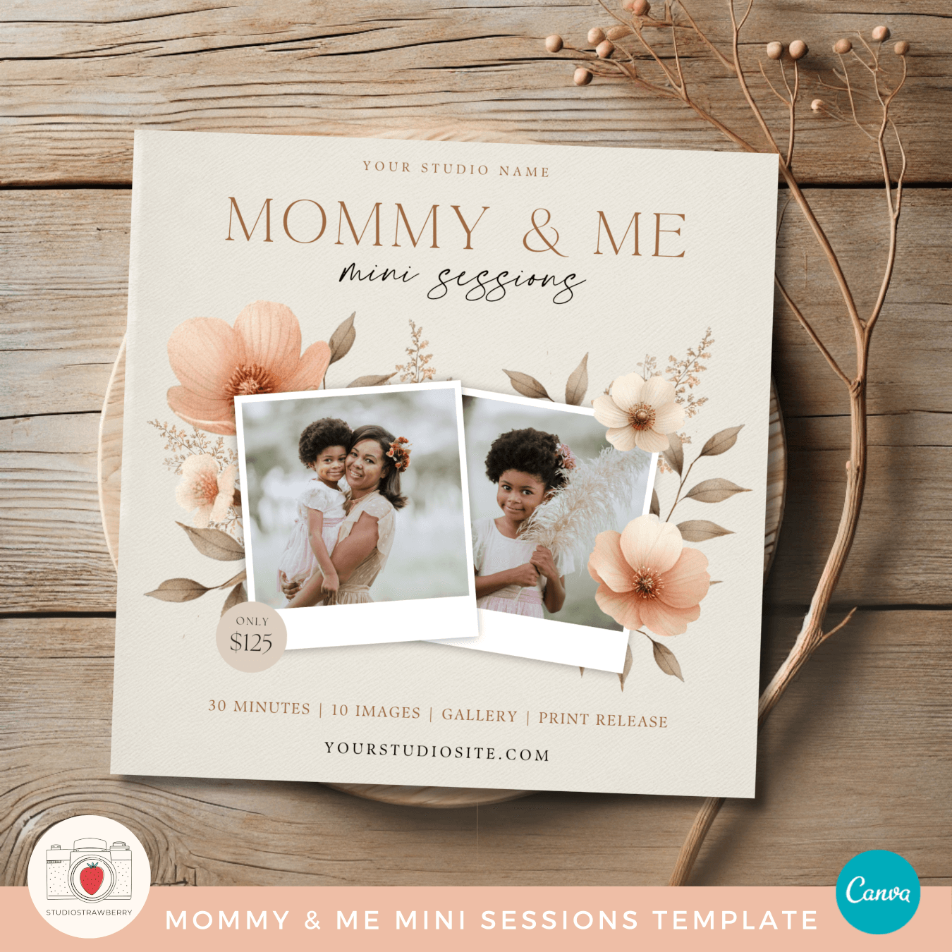 Mommy and Me mini session advertisement, perfect for social media and print marketing.