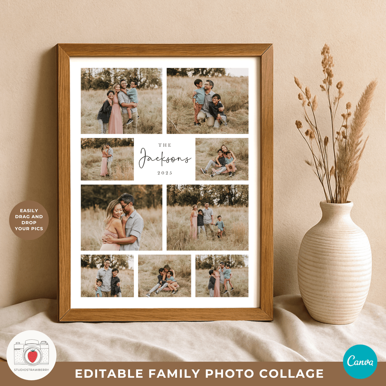 An editable family photo collage framed standing on a table next to a vase with dried flowers