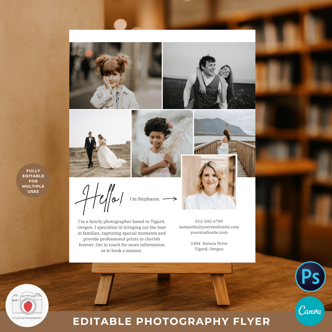 Photography marketing flyer with front and back design, editable in Canva & Photoshop