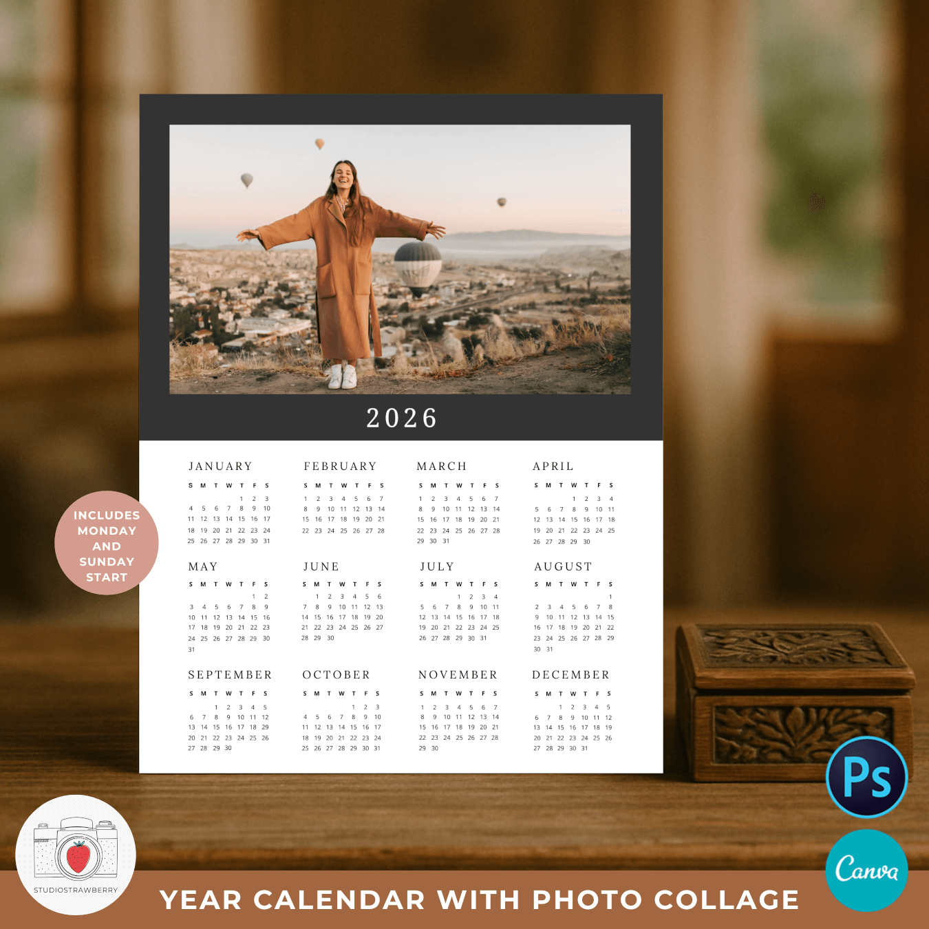 Modern 2026 wall calendar with photo insert space