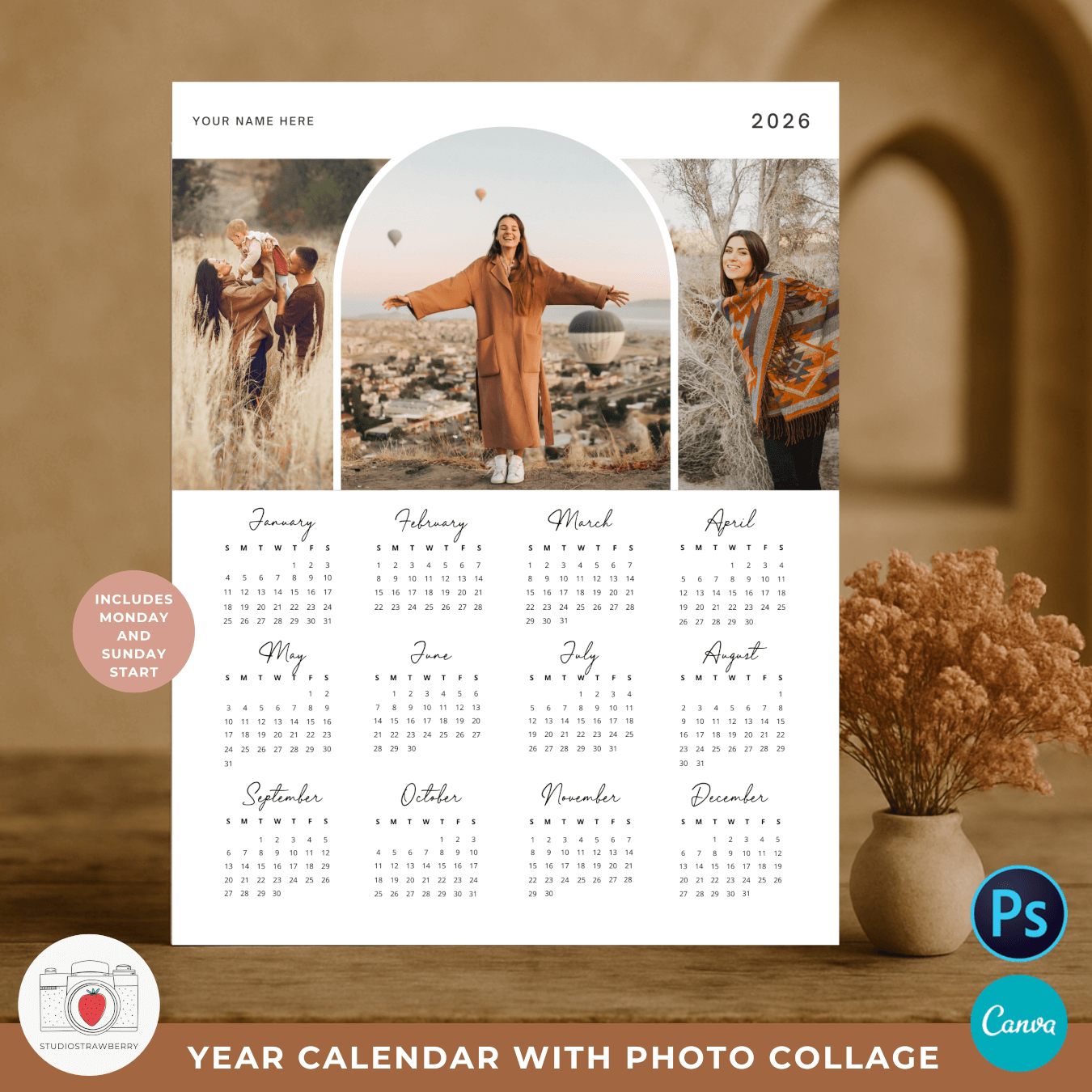 Photo collage calendar template with curved arch layout