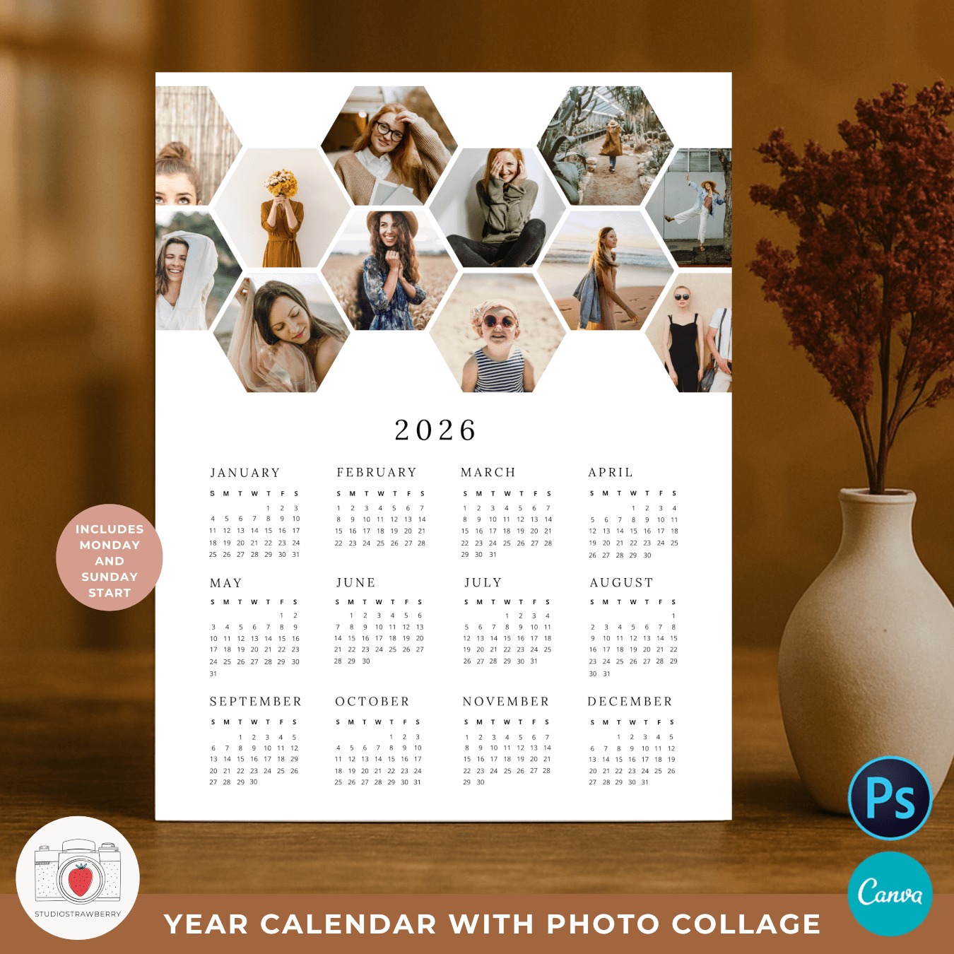 Modern hexagon collage 2026 wall calendar template for printing