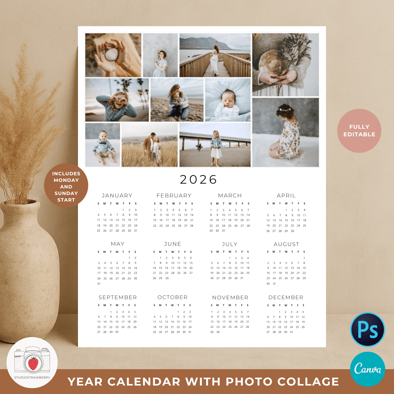 Photoshop editable calendar with your personal photos for 2026
