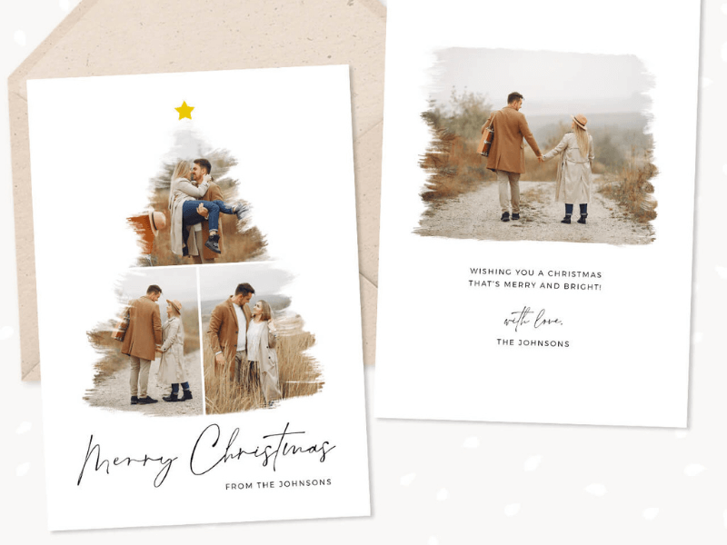 A christmas photo card with a christmas tree shaped photo collage, showing front and back displayed on an envelope