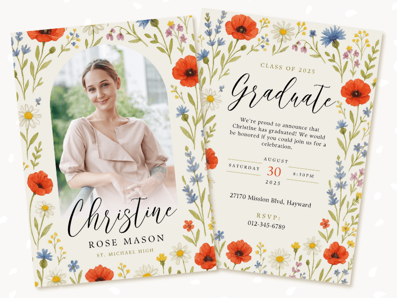 Front and back side of an editable graduation photo card template with wildflowers