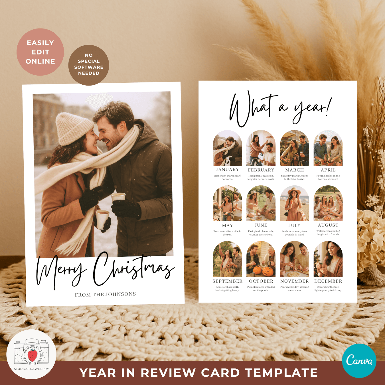 Front and back view of a year in review card template Canva with matching photo front and 12 month grid on the back.