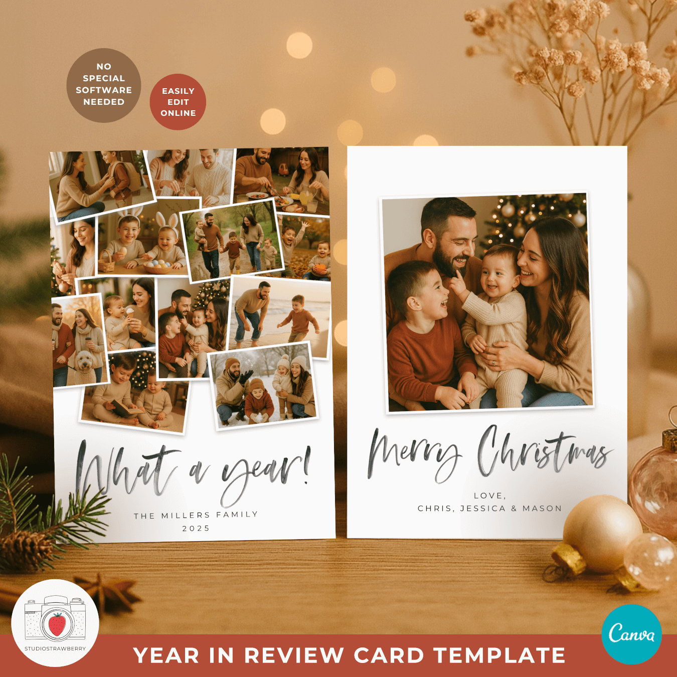 Printable year in review Christmas card with family pictures and modern text.