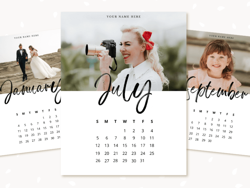 Pages of a photo calendar displaying the section of printable photography calendars