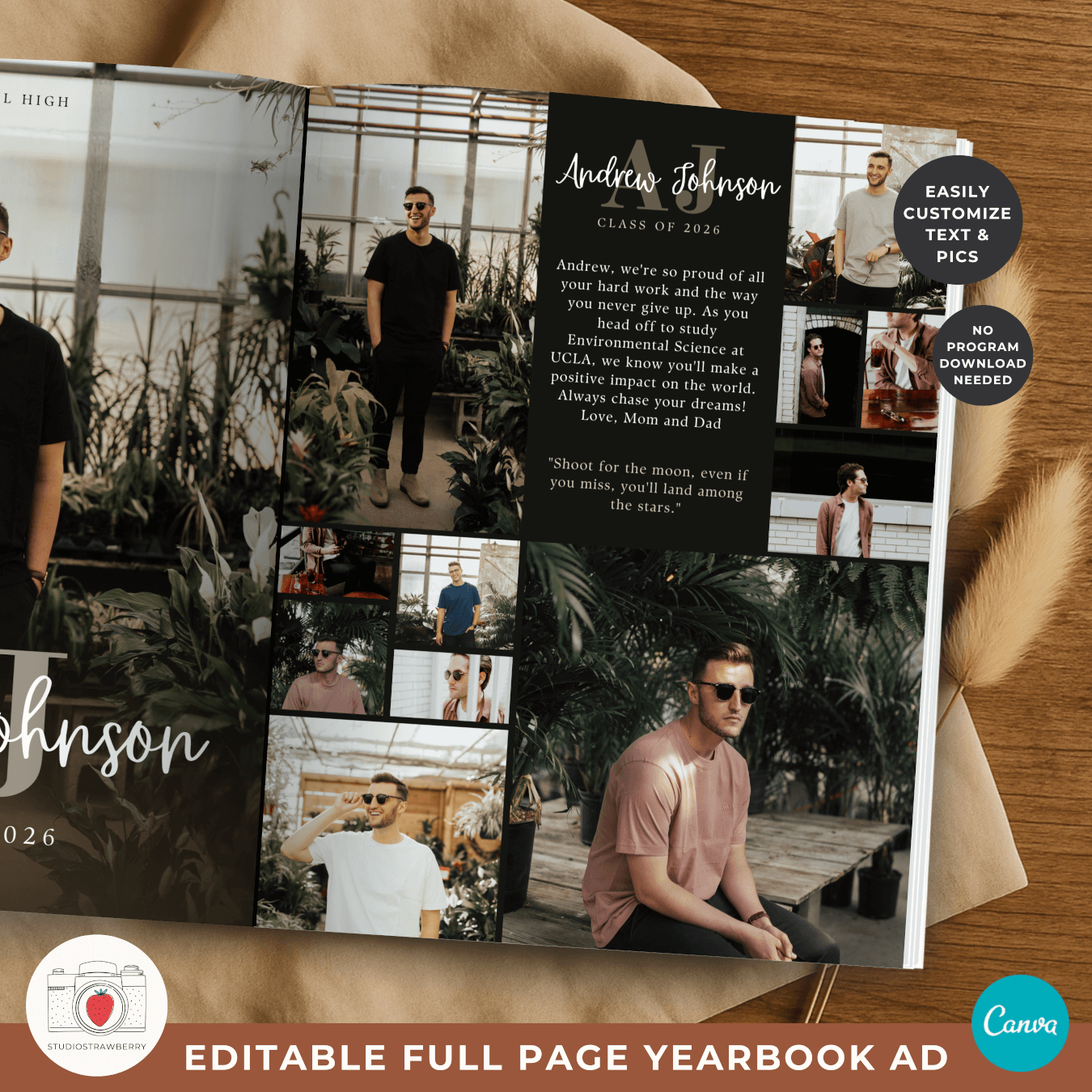 Monogram senior yearbook ad for guys with bold initials and a modern layout.