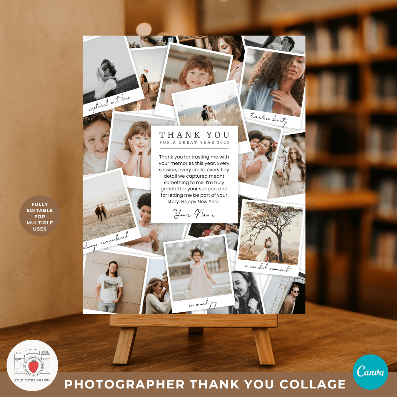 Photographer end of year thank you collage template with polaroid style photos arranged in a clean Canva layout.