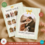 Year in review Christmas photo card template with front and back design featuring green stripes and gold bow for family holiday photos.