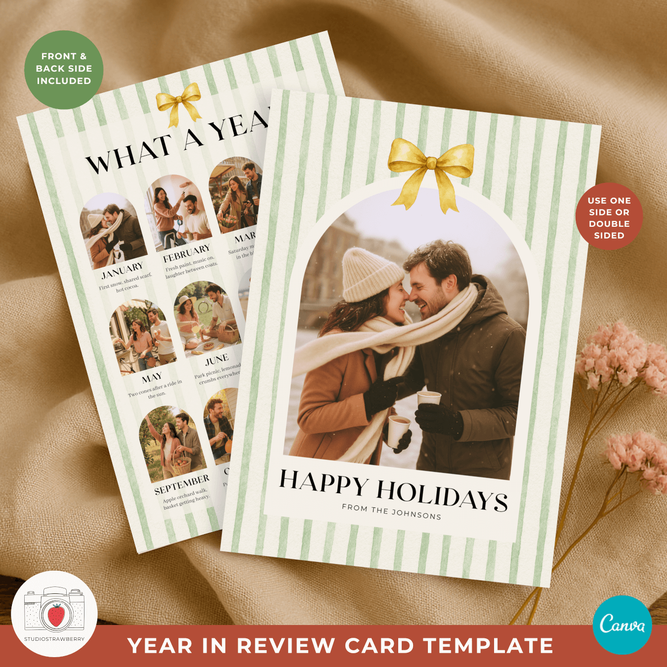 Year in review Christmas photo card template with front and back design featuring green stripes and gold bow for family holiday photos.