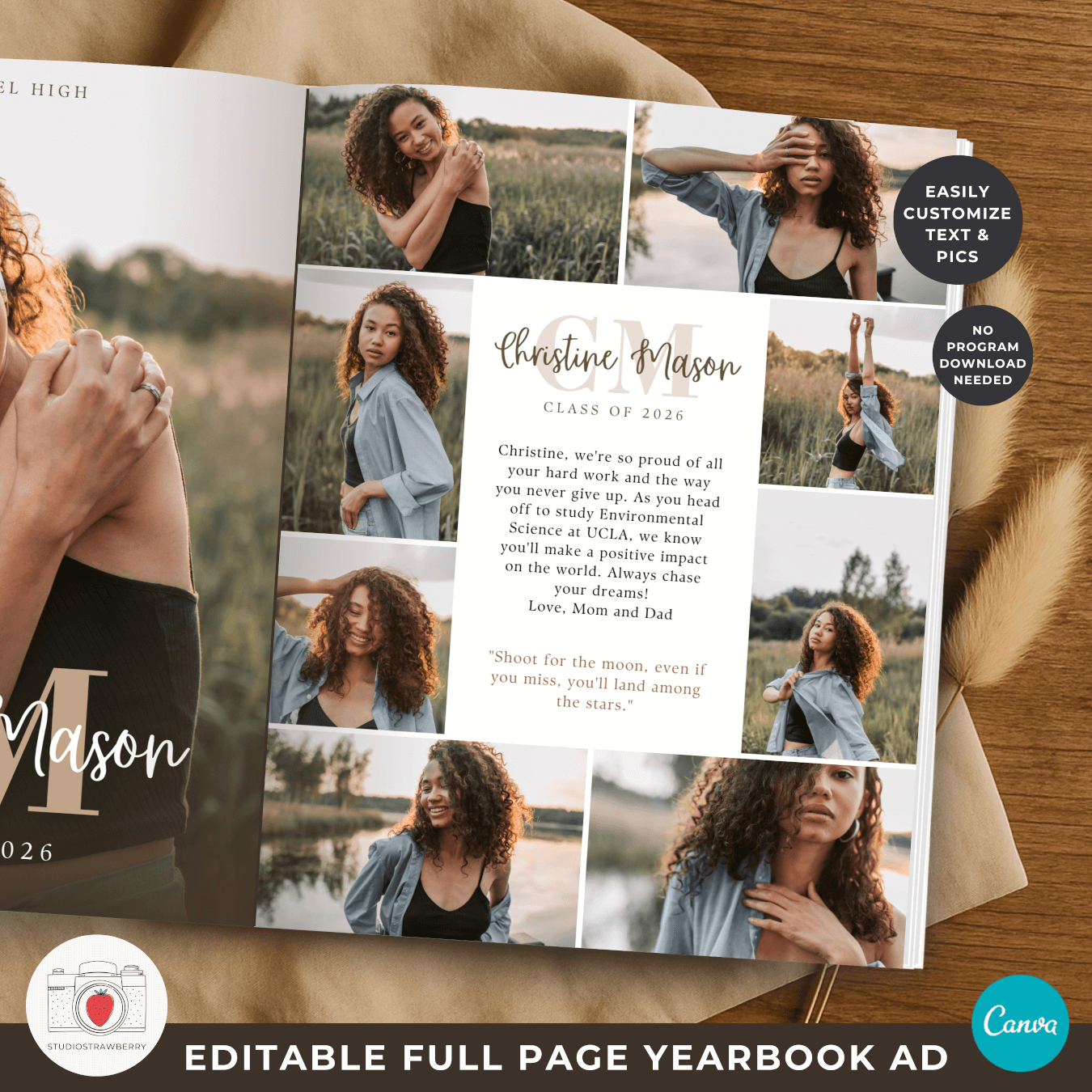Monogram graduation yearbook ad template with full page senior tribute layout for teens.
