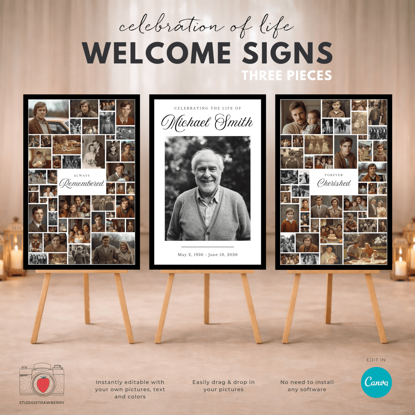 Funeral welcome sign set of three with black border and photo collage layout displayed on easels
