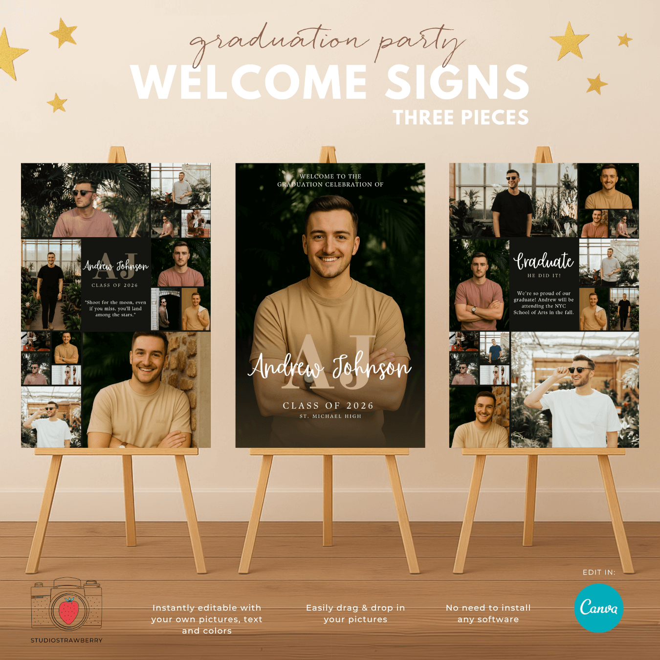 Graduation welcome sign for guys with a dark monogram design and editable layout for senior parties.